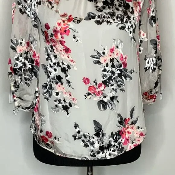 WHBM white pink floral burnout sheer top XXS NWT - Picture 3 of 14